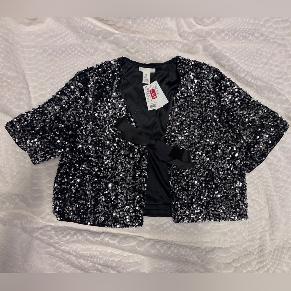 H&M sequin cropped jacket with black ribbon closure